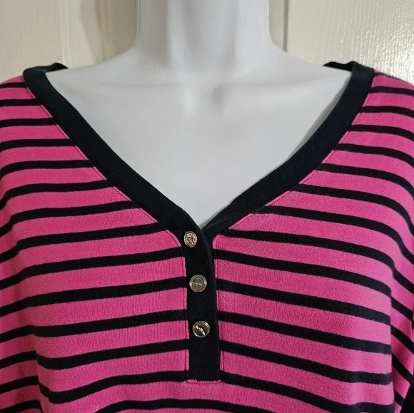 LRL Ralph Lauren 2X Plus Pink Black Striped Cotton Y2K Preppy V-Neck Henley Top - Picture 3 of 8
